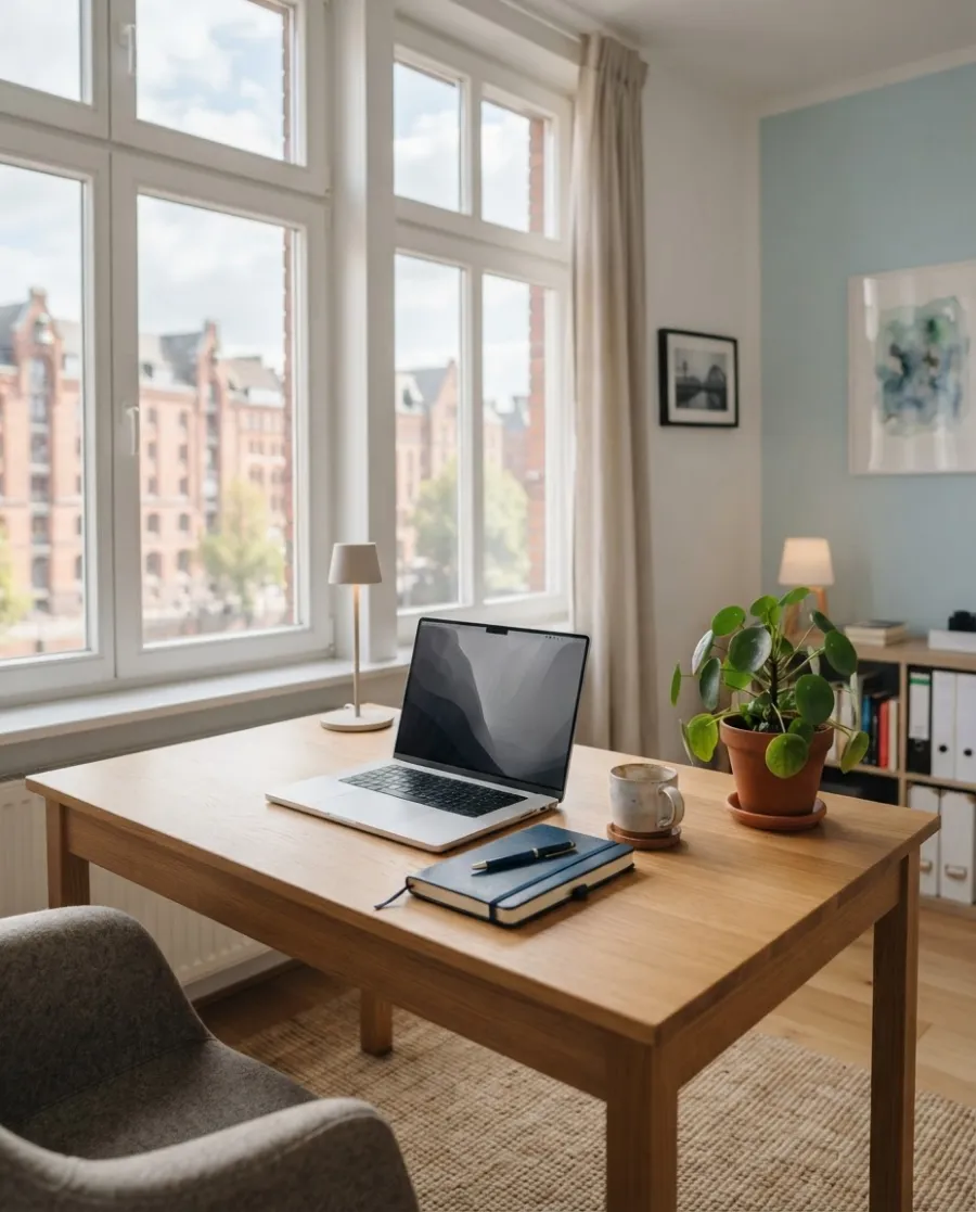 Heller Arbeitsplatz mit Blick auf Hamburger Backsteinbauten