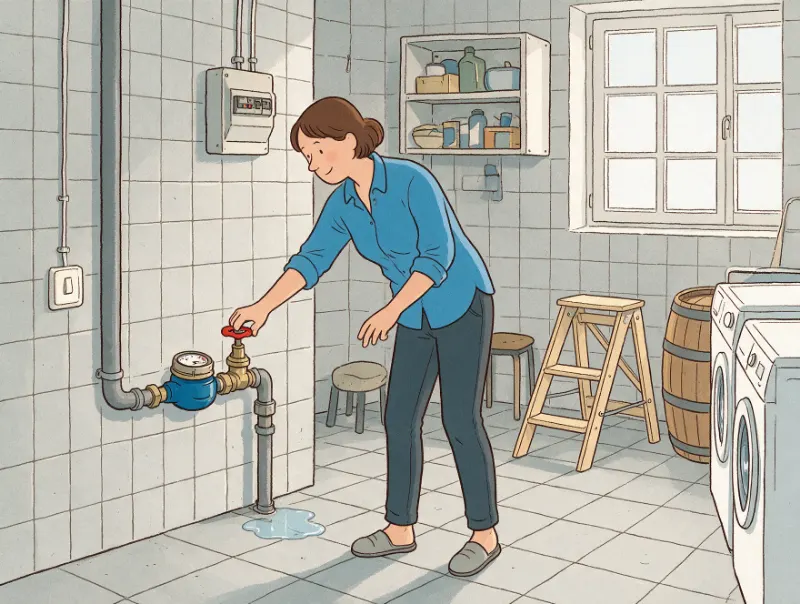 Frau dreht den Hauptabsperrhahn neben dem Wasserzähler zu