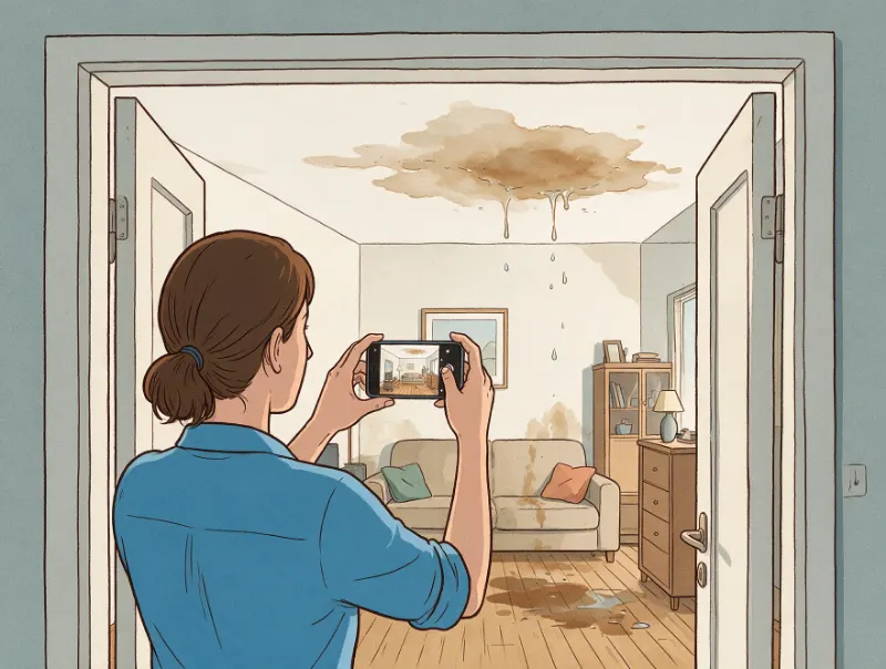 Frau fotografiert von der Tür aus das ganze Zimmer mit dem Wasserfleck